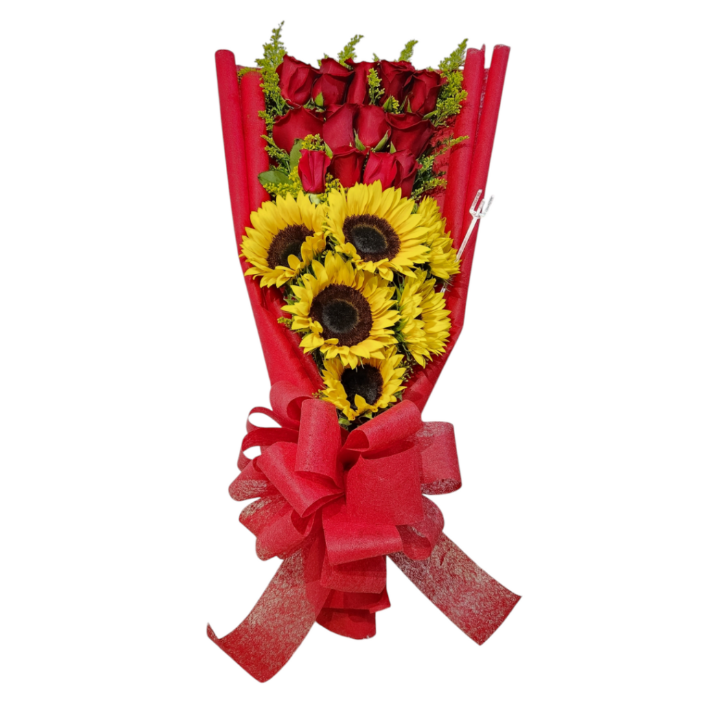 Ramo con rosas y girasoles, follaje y moño, un arreglo fresco y lleno de energía.