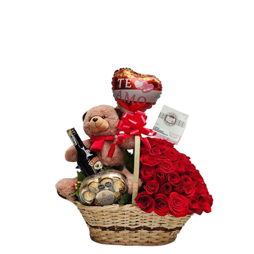 Canasta con rosas, peluche, licor Baileys y chocolates Ferrero, un regalo elegante y especial.