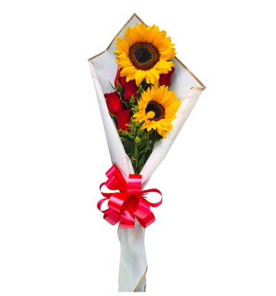 Ramo de girasoles y rosas rojas.