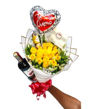 Ramo de rosas amarillas con globo y vino.