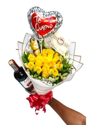 Ramo de rosas amarillas con globo y vino.