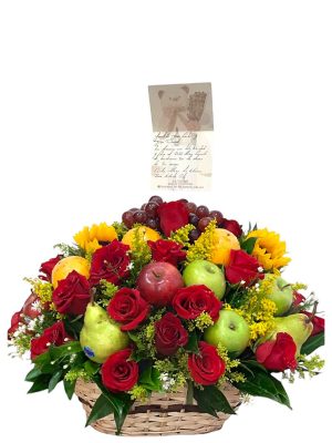 Canasta frutal con empaque de lujo y detalles premium.