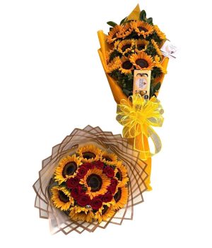 Ramo y bouquet de girasoles con rosas rojas