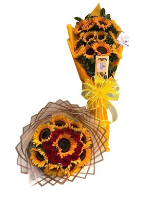 Ramo y bouquet de girasoles con rosas rojas