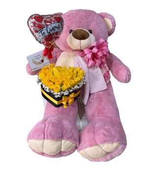 Oso de peluche gigante rosa con rosas amarillas y globo Te Quiero