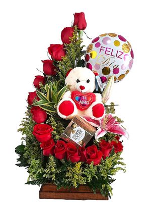 Arreglo floral con rosas rojas, osito de peluche, globo y chocolates Ferrero Rocher