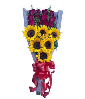 Rosas rojas y girasoles en un ramo