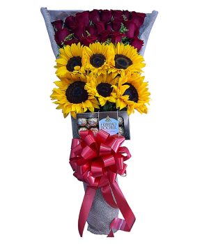 Rosas rojas, girasoles y Ferrero Rocher