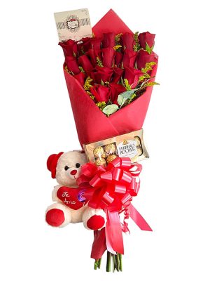 Rosas rojas y peluche con chocolates Ferrero Rocher