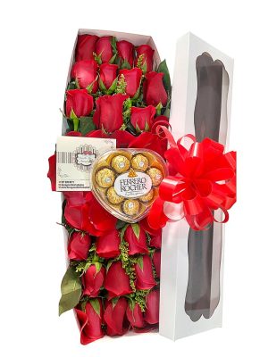 Caja de rosas rojas con Ferrero Rocher
