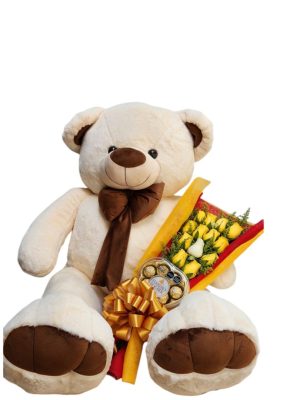 Oso de peluche con flores amarillas y chocolates.