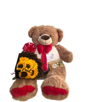 Oso de peluche con flores de girasol y chocolates.