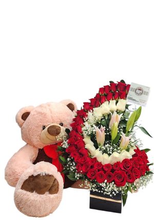 Arreglo con rosas lirios y peluches