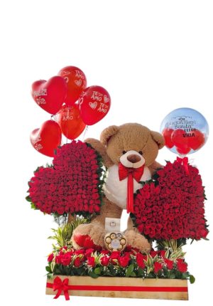 Arreglo especial corazones de rosas, peluche y globo