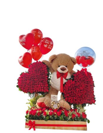 Arreglo especial corazones de rosas, peluche y globo