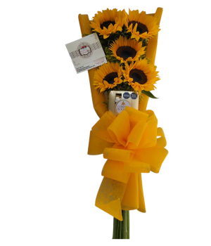 Ramo con girasoles, chocolates Ferrero y moño, un detalle alegre y delicioso.