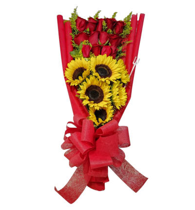 Ramo con rosas y girasoles, follaje y moño, un arreglo fresco y lleno de energía.