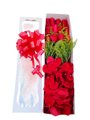Caja blanca con 12 rosas rojas, pétalos, follaje, moño y tarjeta, un detalle romántico y elegante.