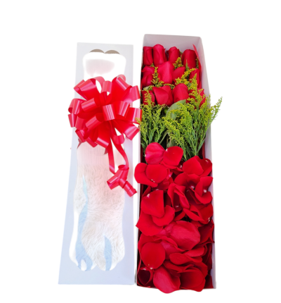 Caja blanca con 12 rosas rojas, pétalos, follaje, moño y tarjeta, un detalle romántico y elegante.