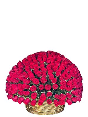 Arreglo de rosas rojas en canasta