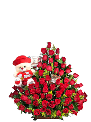Arreglo floral con rosas rojas, peluche con mensaje "Te Amo" y chocolates Ferrero Rocher.