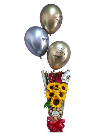 Ramo de rosas rojas y girasoles con globos dorados y chocolates Ferrero Rocher.