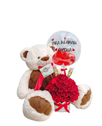 Cilindro con rosas rojas, peluche, chocolates y globo personalizado, ideal para detalles románticos o celebraciones especiales.