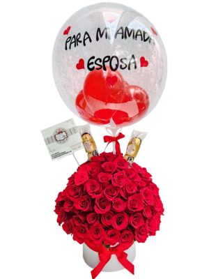 Cilindro con rosas, globo perosnalizado y chocolate