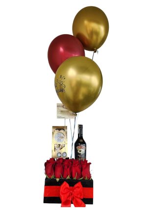 Cubo de rosas con crema de whisky, chocolates y globos