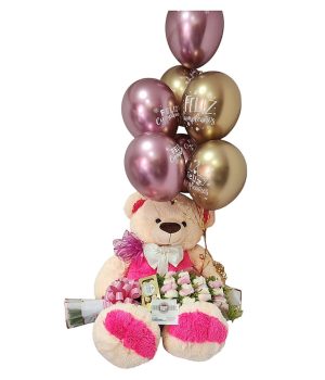 Oso d epeluche con boquet de rosas, chocolate y globo