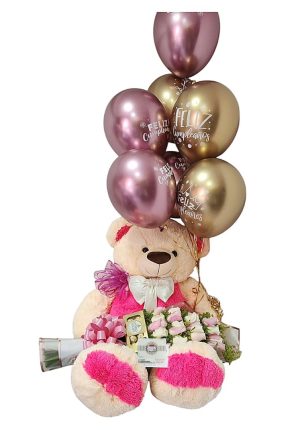 Oso d epeluche con boquet de rosas, chocolate y globo